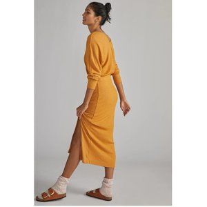 NEW Daily Practice by Anthropologie Barre Midi Dress Honey Gold Yellow Ribbed